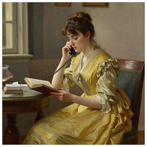 Victorian-era painting of a fair-skinned woman with brown hair in a yellow, ruffled dress, seated at a wooden table, reading a book