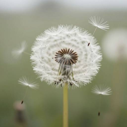 Close-up photograph of a white dandelion puffball with delicate seeds blowing away, against a blurred green and white background.