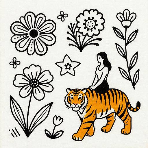 Illustration of a black-haired woman riding an orange tiger, surrounded by black-and-white floral and star motifs, in a vibrant, playful style.
