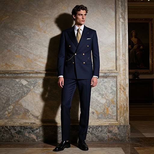 Photograph of a young Caucasian man with curly brown hair, wearing a black double-breasted suit with gold buttons, white shirt, and yellow tie,