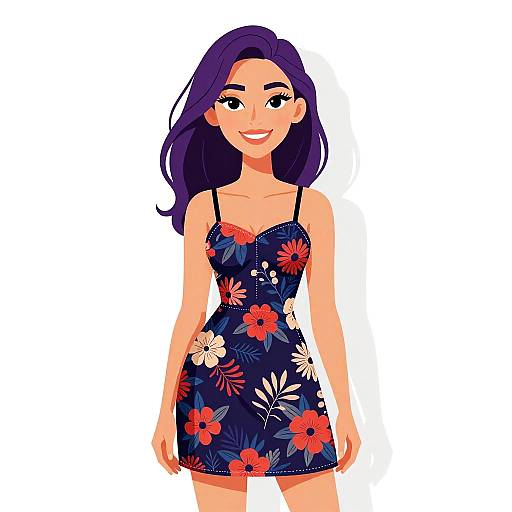 Digital illustration of a smiling woman with purple hair, wearing a dark blue, floral-patterned, spaghetti-strap dress, standing against a white background.