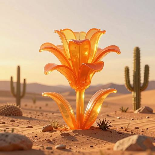 Photorealistic CGI of a glowing, translucent orange desert flower with curved petals, set against a sunlit desert landscape with cacti and rocks.