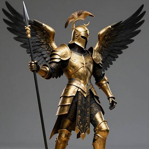 Gilded bronze statue of a winged, helmeted warrior with a spear, black feathered wings, and a plume, standing against a gray