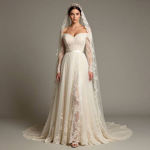 Photograph of a beautiful woman in an elegant white lace wedding dress with long sleeves, a sweetheart neckline, and a full, flowing veil against a gray