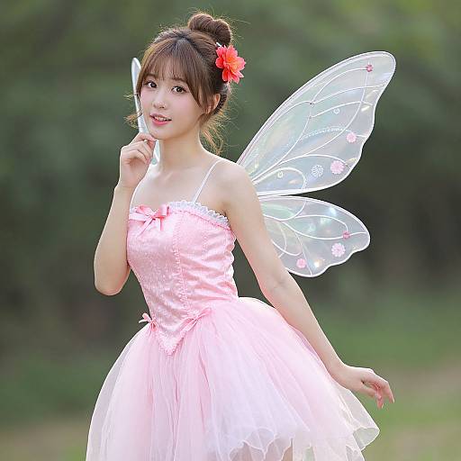 Photograph of an Asian woman in a pink fairy dress with translucent wings, holding a wand, against a green blurred background.