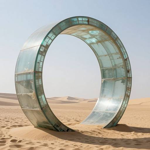 Photograph of a large, semi-transparent, glass circular sculpture standing in a sunlit, sandy desert with clear blue sky.