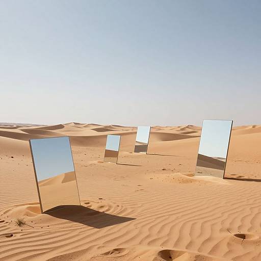 Photograph of a desert landscape with five vertical, mirror-like glass panels standing on sand dunes under a clear blue sky.
