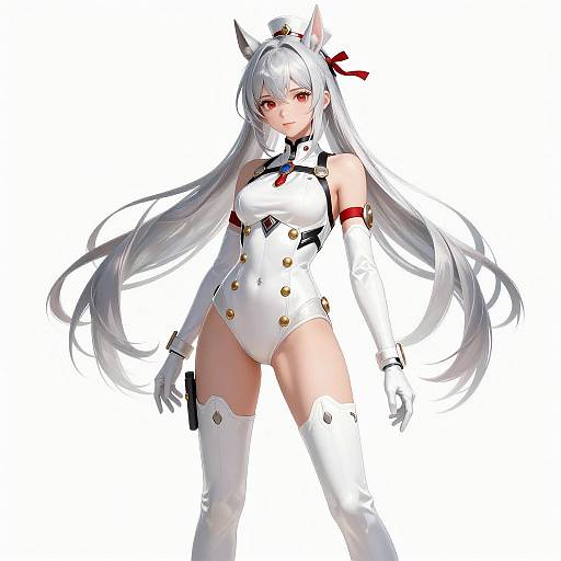 Digital anime-style drawing of a silver-haired, red-eyed, white-uniformed female character with cat ears, long hair, and thigh-high boots holding