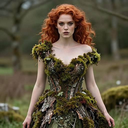 Photograph of a fair-skinned, red-haired woman with wavy hair, wearing a moss and twig-covered dress, standing in a blurred, forest