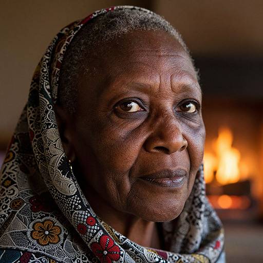 Photograph of an elderly African woman with deep wrinkles, dark skin, and reflective eyes, wearing a patterned headscarf, looking intently at