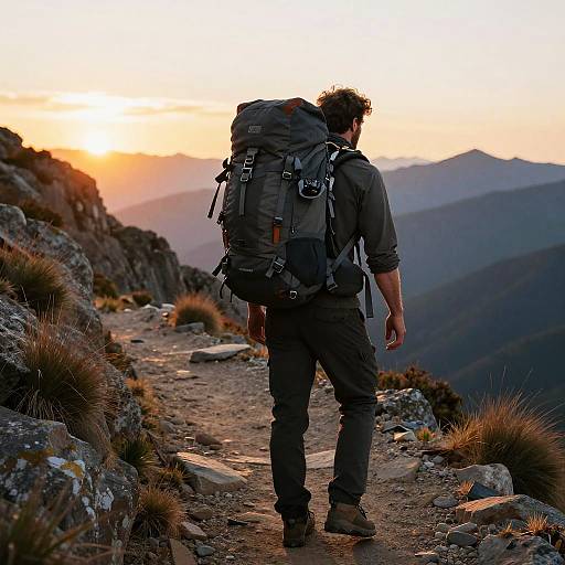 Hiker on Mountain Trail at Sunset