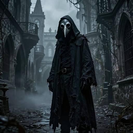 Photograph-style digital art: Mysterious figure in tattered black cloak, eerie mask with round eyes, standing in foggy, Gothic, ruined alley