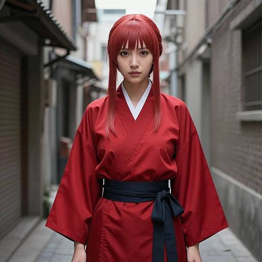 Photorealistic CGI of a young woman with straight red hair, wearing a red kimono with black belt, standing in a narrow urban alley.
