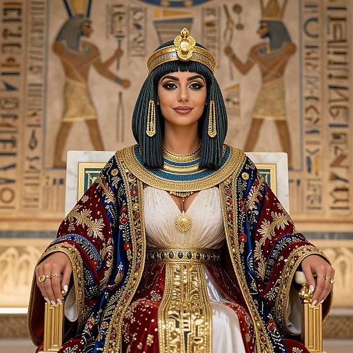 Digital artwork of an Egyptian queen with dark blue bob hair, gold headdress, ornate red and gold robe, white bustier, and intricate jewelry
