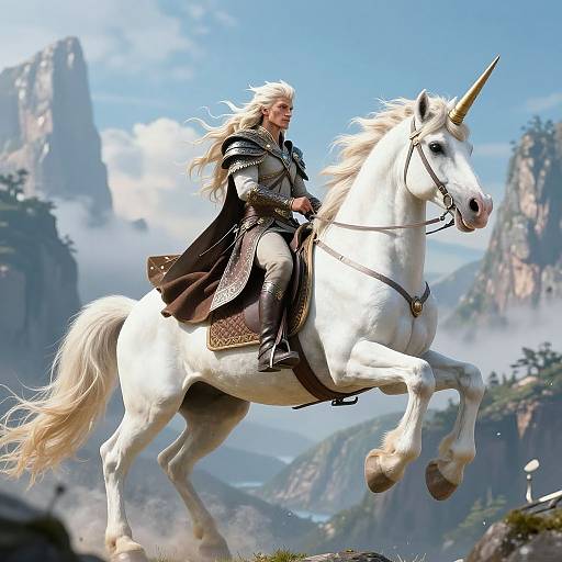Epic CGI: White-haired, armored knight with a golden horned unicorn galloping through a misty, mountainous landscape under a bright blue