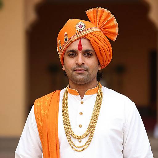 Photograph of a South Asian man in traditional attire, wearing an orange turban with a red bindi, white kurta, and multiple gold neck