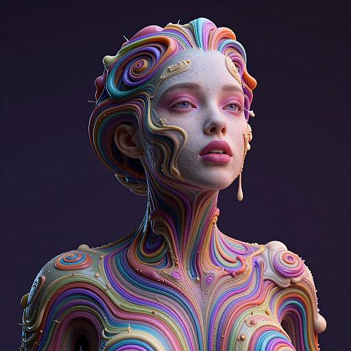 Photorealistic CGI of a woman with swirling, colorful, ribbons-like patterns covering her face and torso, set against a dark background.