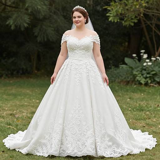Photograph of a plus-size bride in a white, lace-off-the-shoulder wedding gown with a full skirt, standing on grass with dark green