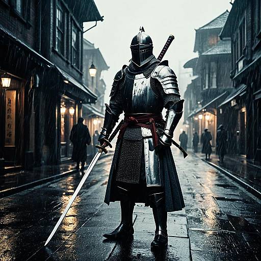 Rain-Drenched Knight on Foggy Victorian Street