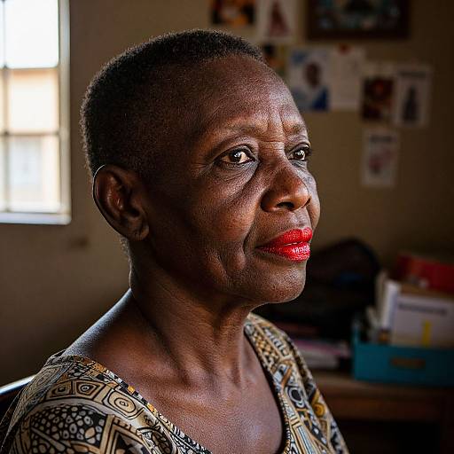 Photograph of an African-American woman with short hair, dark skin, red lipstick, patterned blouse, looking slightly to the side, indoors with blurred