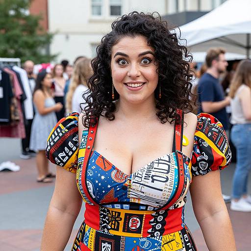Photograph of a smiling, curly-haired woman with fair skin and large breasts, wearing a colorful, low-cut, patterned dress, at an outdoor