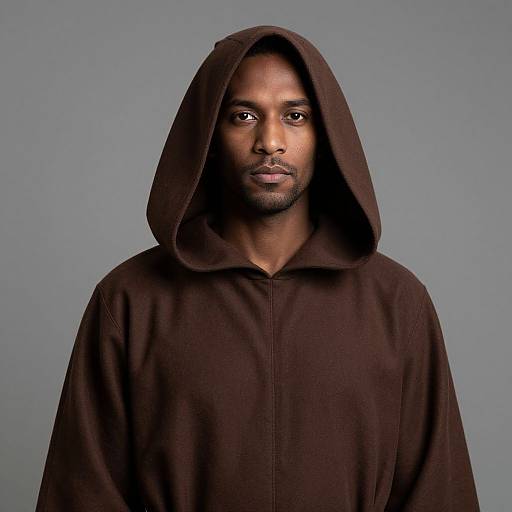 Photograph of a serious, dark-skinned man with a trimmed beard, wearing a black hooded sweatshirt, against a plain gray background.