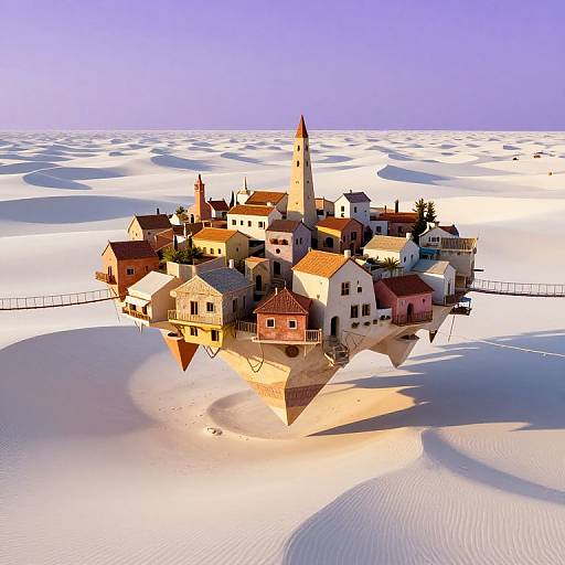A digital rendering of a floating Mediterranean village with red-roofed houses, a church steeple, and sandy dunes beneath a clear blue sky