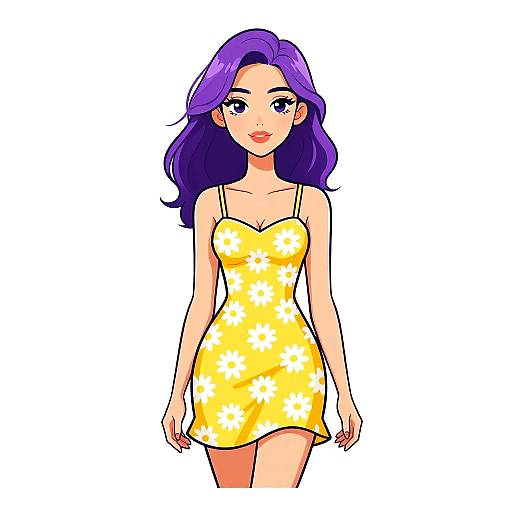 Digital anime-style illustration of a young woman with long purple hair, wearing a yellow, floral-patterned, spaghetti-strap dress, standing against a white