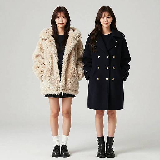 Photograph of two young Asian women standing side-by-side; one in a fluffy beige coat and black shorts, the other in a black double-breasted