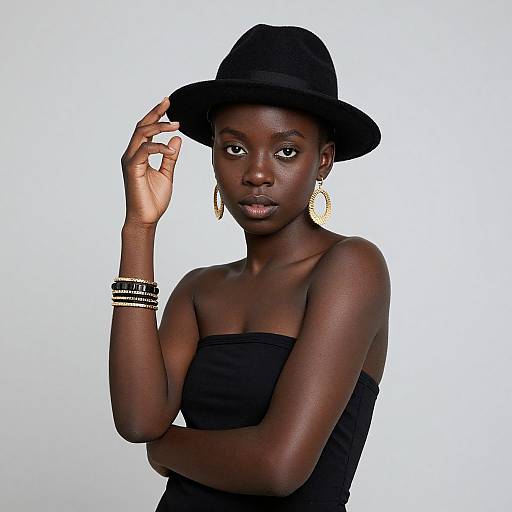 Photograph of a dark-skinned woman with a black hat, gold hoop earrings, black strapless top, and black bracelets, against a white background