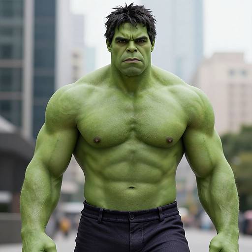 Photorealistic CGI of muscular, green-skinned Hulk with black hair, bare chest, and black pants, standing in a blurred cityscape background.