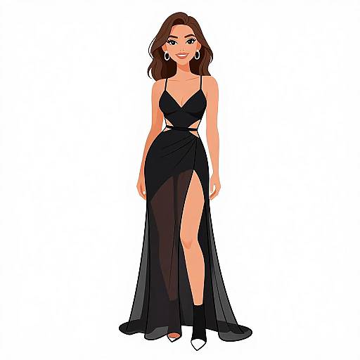 Digital illustration of a smiling brunette woman in a black, deep V-neck, high-slitted evening gown, wearing silver hoop earrings and black heels.