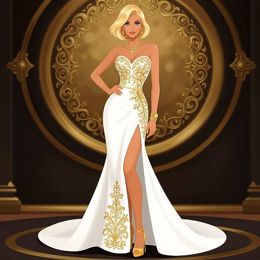 Elegant Woman in Embroidered Evening Gown