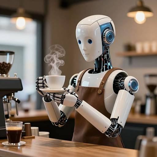 Photograph of a white, humanoid robot with blue eyes, wearing a brown apron, holding a steaming white cup, in a cozy café with