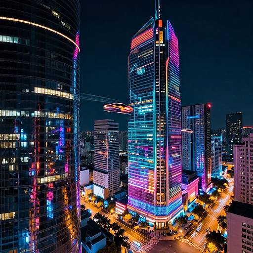 Nighttime photograph of a neon-lit, futuristic cityscape with colorful skyscrapers, glowing lights, and busy streets, capturing vibrant urban energy.