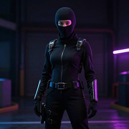 Photorealistic CGI of a black-clad female ninja in a balaclava with glowing pink eyes, standing in a dark, neon-lit