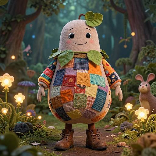 Photorealistic CGI of a patchwork-stitched, white, pear-shaped character with green leaf accessories, standing in a magical forest illuminated by glowing flowers