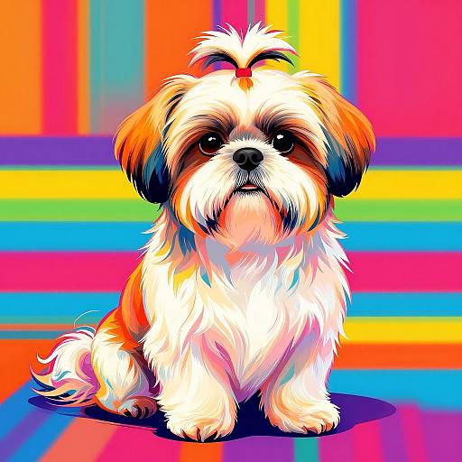 Digital illustration of a fluffy Shih Tzu with white, orange, and black fur, sitting against a vibrant, colorful background of rainbow stripes.