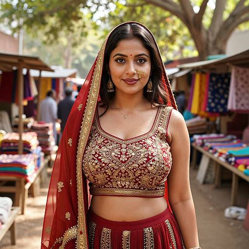 Photograph of a smiling Indian woman with dark hair, wearing a red and gold embroidered crop top and dupatta, standing in a bustling outdoor market with