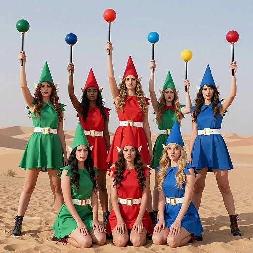 Colorful Elf Women in Desert Landscape