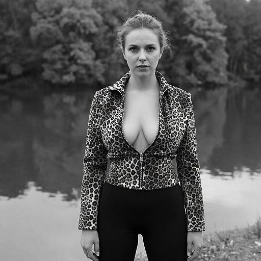 Black-and-white photograph of a woman with light skin and blonde hair, wearing a leopard-print blouse with deep neckline, standing in front of a forested