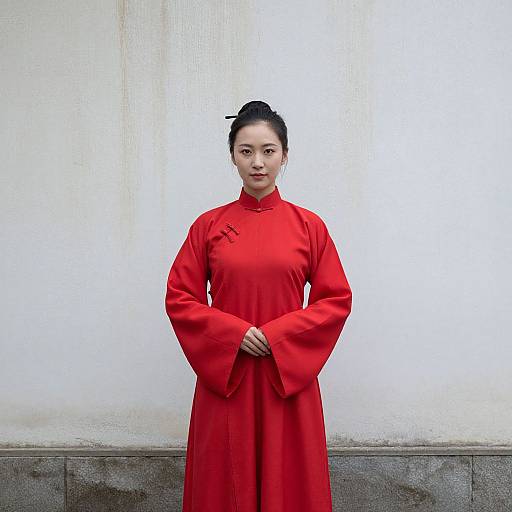 Photograph of an East Asian woman with fair skin and black hair in a bun, wearing a vibrant red traditional Chinese qipao, standing against a