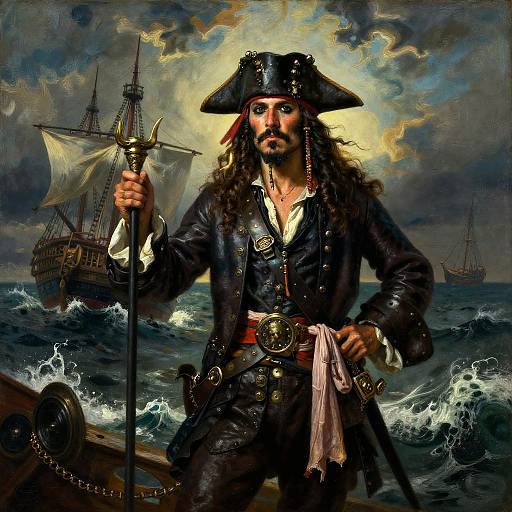 Digital painting of a fierce pirate with long hair, black tricorn hat, and dark coat, standing on a ship in stormy seas, holding a