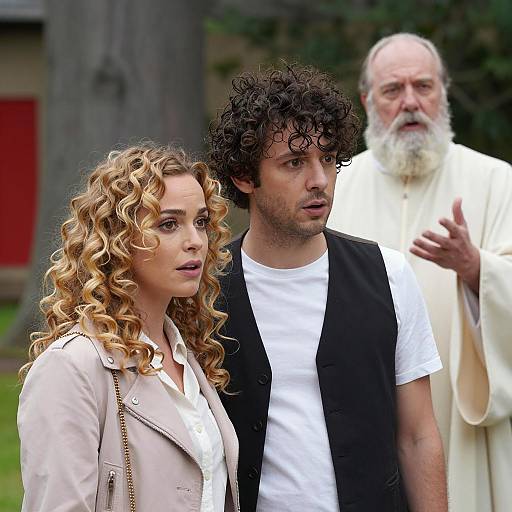 Surprised Couple with Bearded Man Outdoors