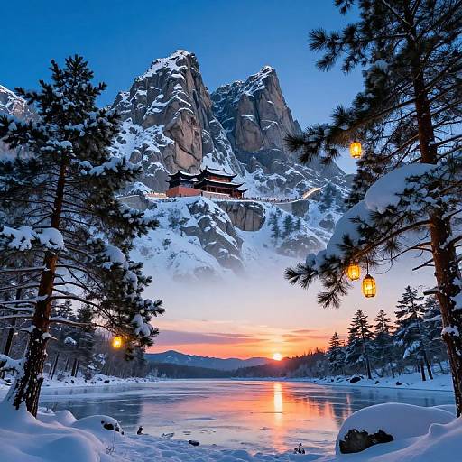 Photograph of a snow-covered mountain range at sunset, featuring a traditional Japanese-style wooden bridge, illuminated lanterns, and pine trees framing a serene,