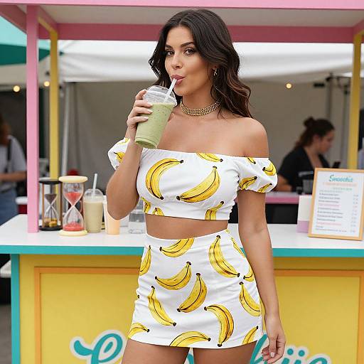 Photograph of a woman with long dark hair, wearing an off-shoulder banana-print crop top and mini skirt, sipping a green smoothie