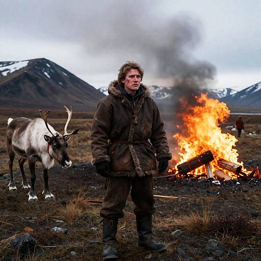 Futuristic Sámi Reindeer Herder Amid Blaze