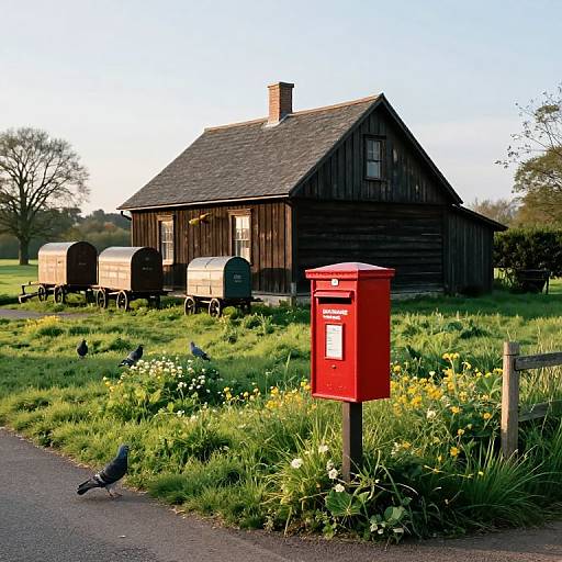 Photograph of a rustic wooden house with a chimney, surrounded by grass, flowers, and a red postbox, with two pigeons on the ground