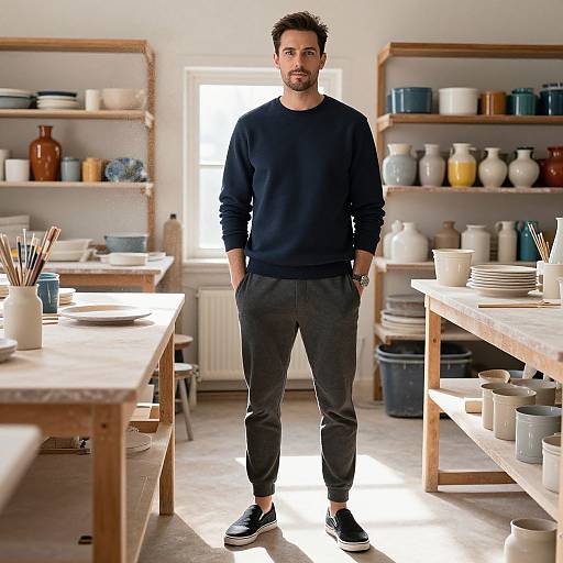 Man in Workshop with Casual Attire