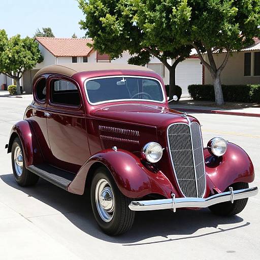Photograph of a shiny, maroon vintage 1930s car with a chrome grille, parked on a sunny suburban street with trees and houses in